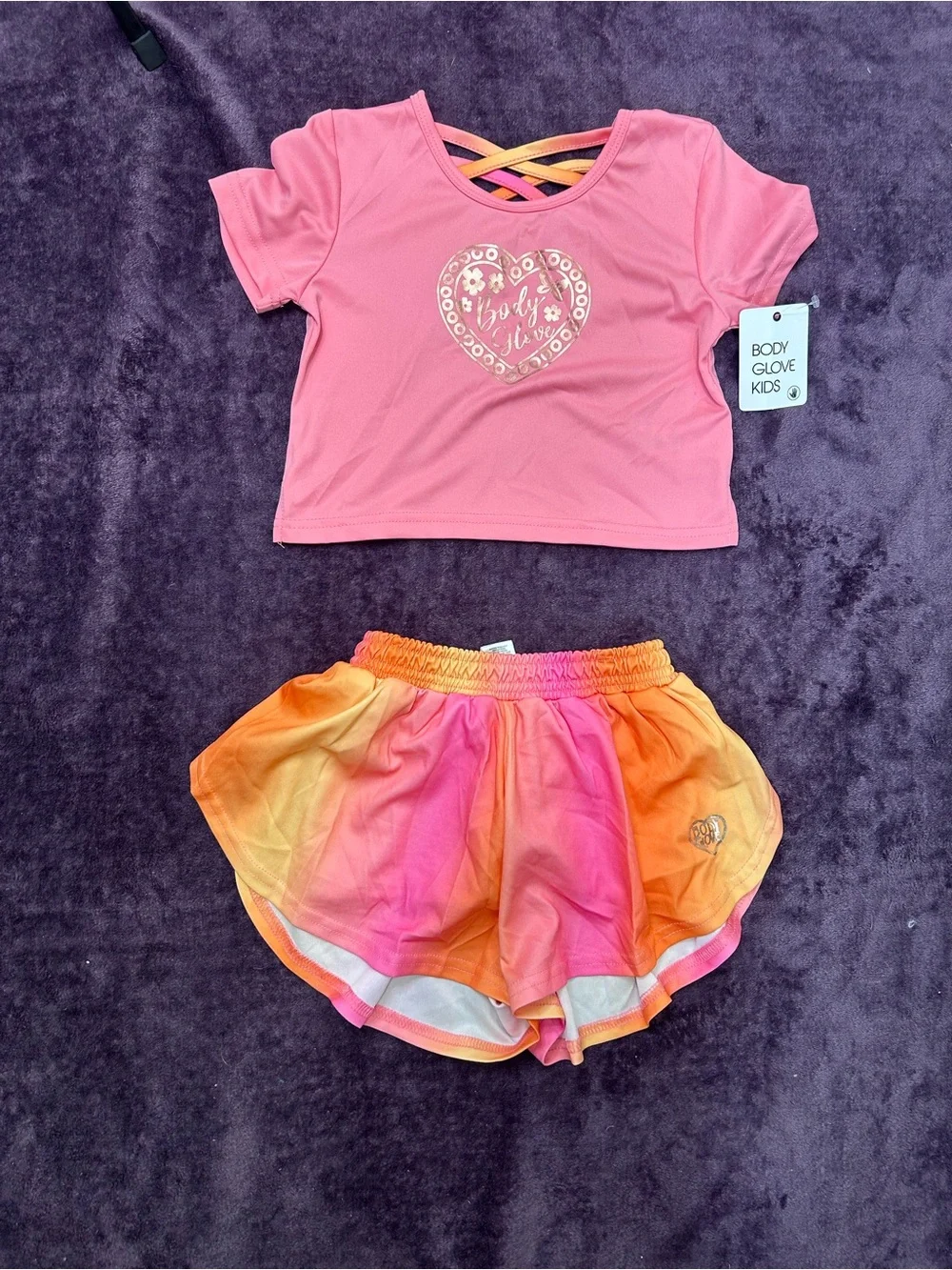Body Glove Pink Crop Top with Pink-to-Orange Ombre Dance Shorts